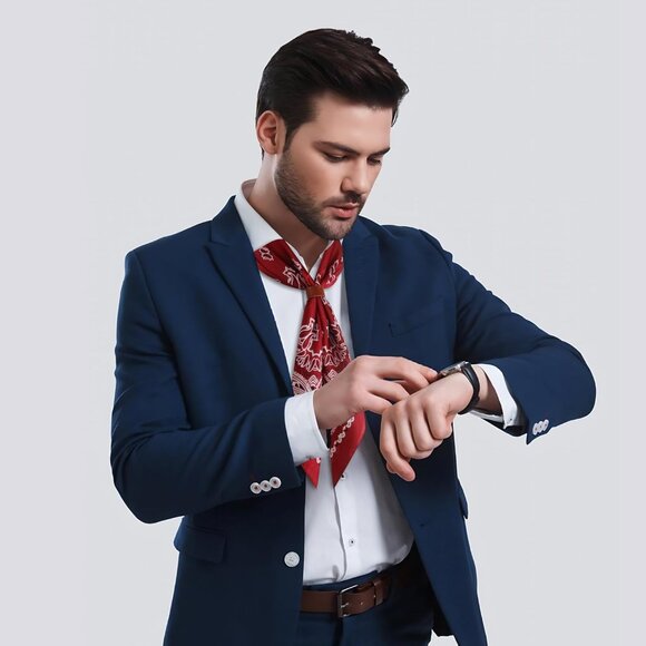 ⚡Men B-Wine Red Necktie 27.5 Inches Cowboy Scarves Pocket Square Silk Bandanas - Picture 5 of 8